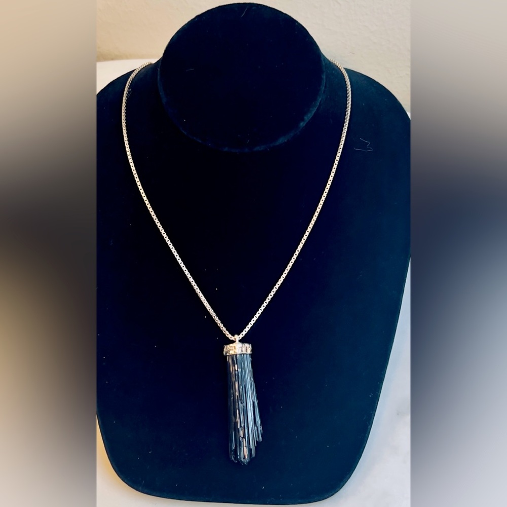 Raw Black Tourmaline Pendant on Italy .925 Silver Box Chain Necklace - 20”